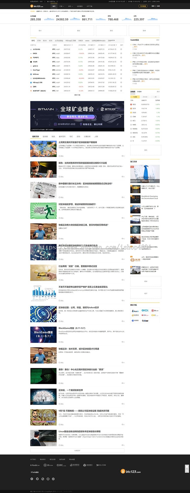 仿《BTC123》区块链门户站 自适应手机 带投稿采集器