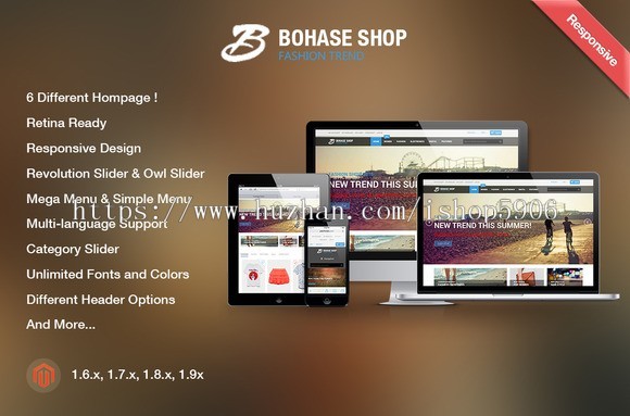 Bohase Shop Magento主题是一个购物商城主题，Magento 1.6.0.0-1.9.0.1 自适应 