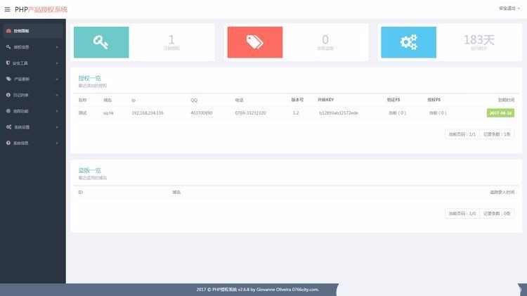 PHP授权验证全新UI-v2.6.8完整版,域名+IP双重验证 一键更新授权系统
