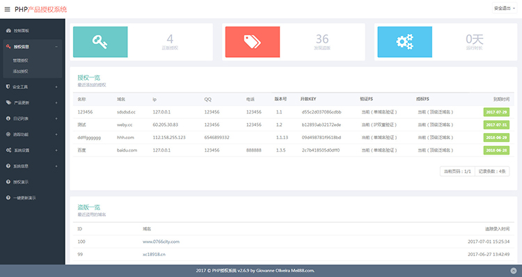 PHP产品授权系统/正版产品授权PHP源码/产品更新追踪系统源码