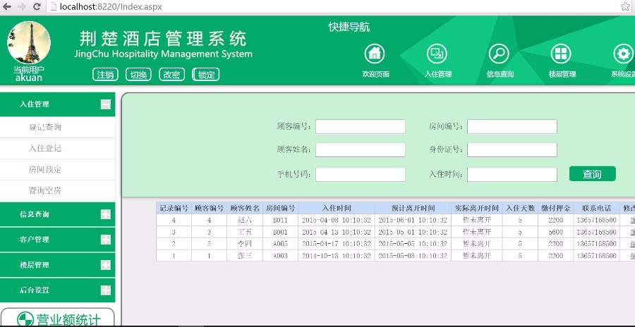 ASP.NET酒店管理系统源码 C#版酒店系统源码 .net源码