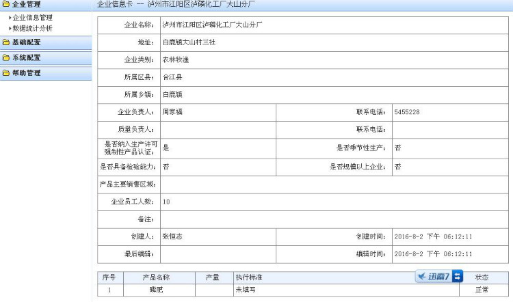 企业基本信息及产品执行标准监管系统