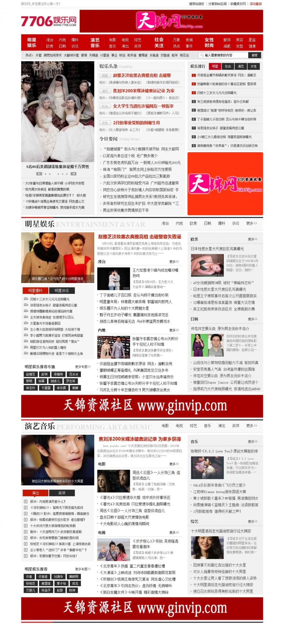 易心娱乐时尚网，7706娱乐网， 织梦dede5.7sp1 红色模板源码 带采集 带整站数据